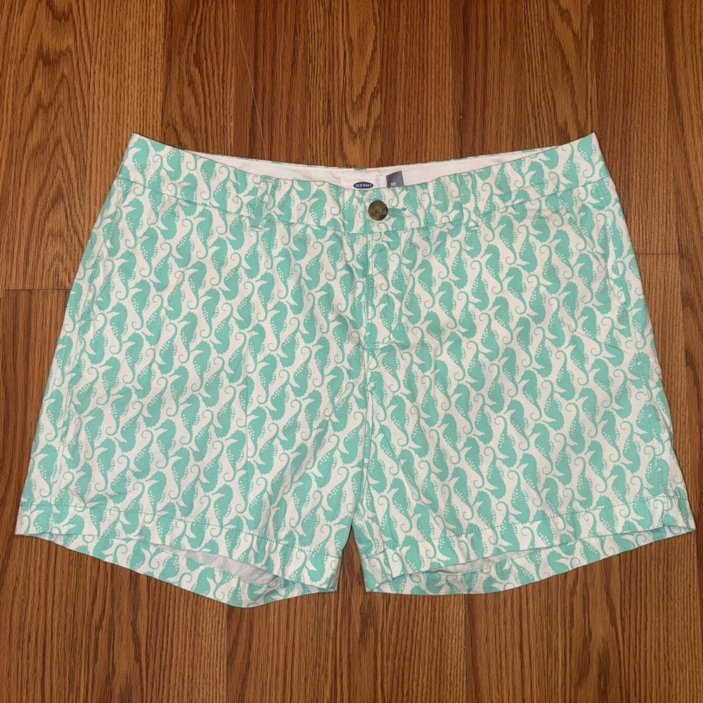Old Navy Shorts Womens Flat Front Seahorse Cotton Seahorse Beachy Minty Green 10